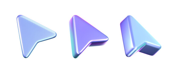3D holographic arrow cursor icon set with a neon gradient, isolated on a white background. Render of iridescent arrow for interfaces, tech navigation, mouse clicks, location search. 3d vector icon