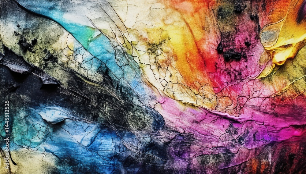 Poster vivid abstract texture with multicolor cracked paint and bold brush strokes for modern web design, p