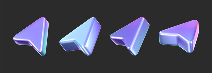 3D holographic arrow cursor icon set with a neon gradient, isolated on a dark background. Render of iridescent arrow for interfaces, tech navigation, mouse clicks, location search. 3d vector icon