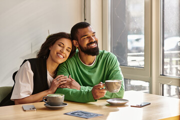 Joyful moments shared by a couple in a warm cafe during a sunny afternoon