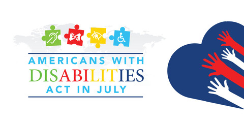 Americans with Disability Act. It features by American flag surrounded by different type of disabilities.ADA is a civil rights law that prohibits discrimination based on disability.Vector illustration