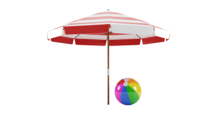 Red and white striped beach umbrella with colorful beach ball on transparent background, perfect for poolside party themes, sunny holiday visuals, beach accessory mockups, and resort ads