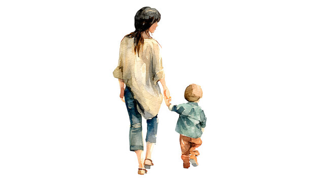 A mother and child walking hand in hand, watercolor illustration, isolated with transparent background