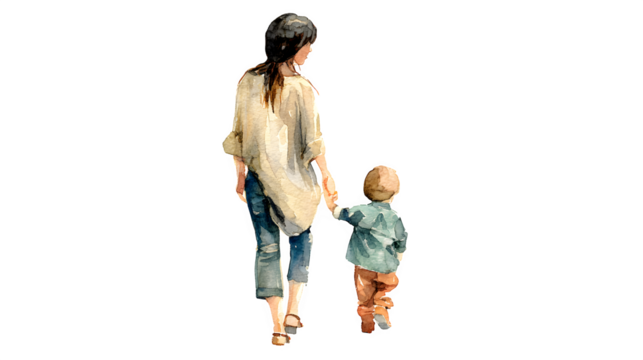 A mother and child walking hand in hand, watercolor illustration, isolated with transparent background - Powered by Adobe