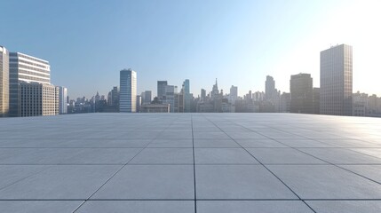 A blank square floor is set against a backdrop of a city skyline and buildings.
