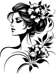 Elegant Woman with Floral Hair Design, Black and White Vector Art