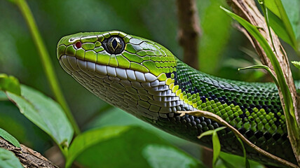 Obraz premium A captivating close-up of a green snake with shimmering scales caught in natural light.