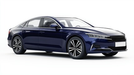 Mockup of a generic glossy Midnight Blue modern sedan, front three-quarter view, white background