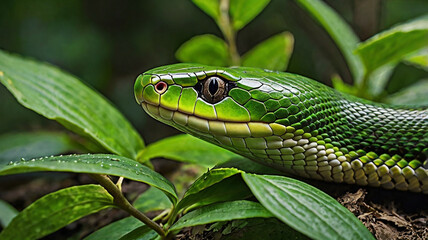 A captivating close-up of a green snake with shimmering scales caught in natural light.
