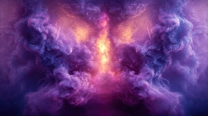 Obraz premium A vibrant cosmic nebula resembling a butterfly emerging from a mystical realm filled with colorful clouds and stars