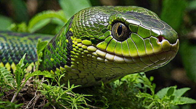 A captivating close-up of a green snake with shimmering scales caught in natural light.