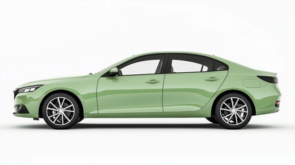Mockup of a generic glossy Sage Green modern sedan, front three-quarter view, white background
