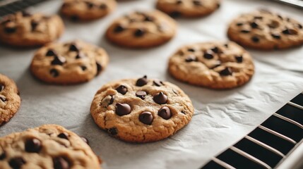 A chocolate chip cookie, just out of the oven, sits on a white surface.
