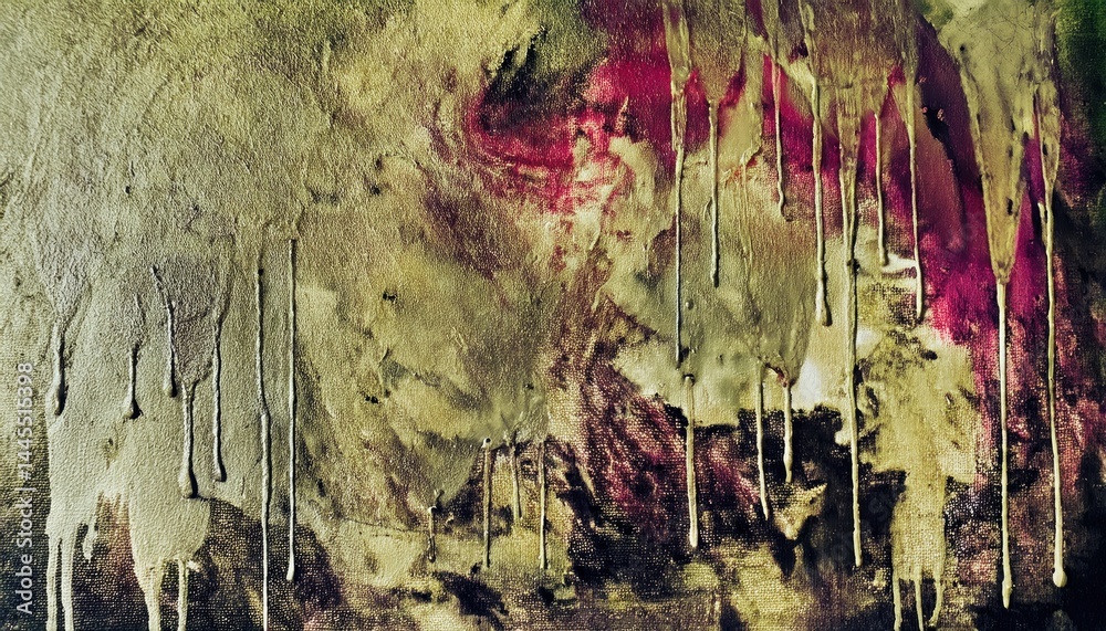 Poster abstract textured canvas with green and burgundy paint drips and strokes, ideal for modern web desig