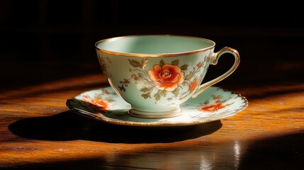 Antique teacup and saucer with floral design, illuminated by sunlight