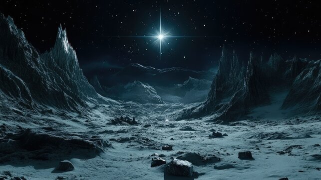 Alien landscape bathed in celestial light.  Vast, icy mountains stretch towards a brilliant star in the inky night sky