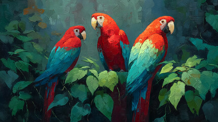 two red and blue parrots sitting on a branch in a forest with green leaves and a green background