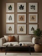 A grid of nine framed botanical leaf prints in warm earthy tones adorns a light beige wall, creating a natural gallery.

