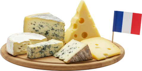 Assorted French Cheeses Selection on Wooden Board with French Flag