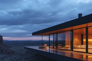 Fototapeta premium Modern architectural marvel overlooking vast desert landscape at dusk