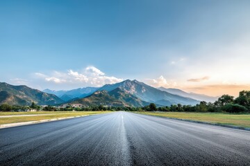 A straight empty road leads toward majestic mountains under a clear blue sky at sunrise or sunset.