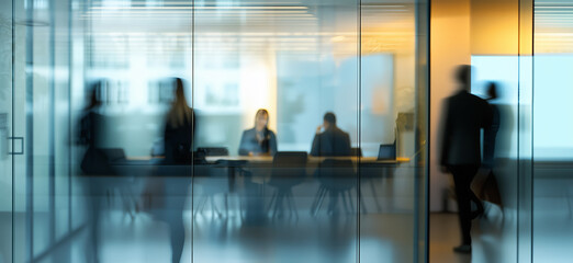 Blurry silhouettes of professionals move through a glass office as others hold a focused meeting inside, blending motion with productivity and transparency
