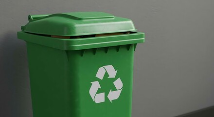 A bright green recycling bin designed to encourage proper waste disposal stands against a gray wall. This eco-friendly bin features a clear recycling symbol to guide users.