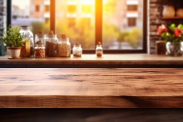 A wooden kitchen countertop with jars and flowers in a sunlit, cozy home interior.