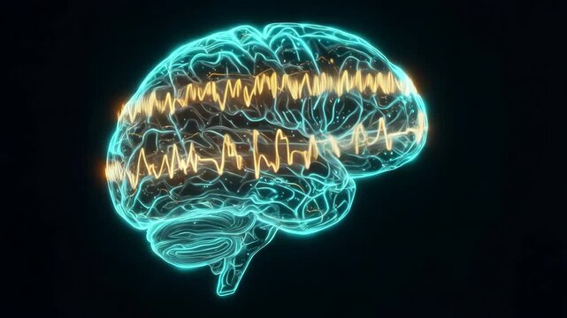 Animation visualizing brain activity with glowing EEG waves moving across a translucent brain model, illustrating neuroscience, cognitive function, neurological rhythms, mental processes and medical 