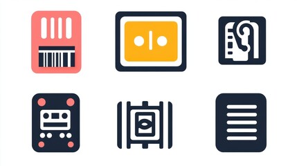 Colorful Icons Representing Vintage Technology, Including Cassette Tapes, Music Devices, and Audio Recorders for Retro Aesthetic Design