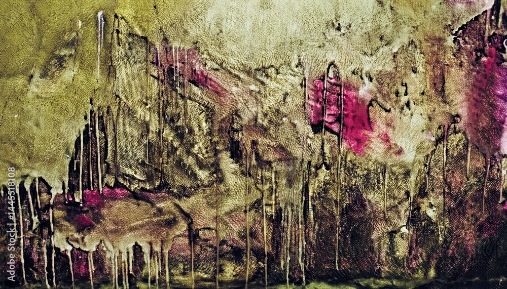 Poster abstract textured canvas with green and burgundy paint drips and strokes, ideal for modern web desig