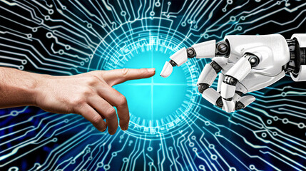 A robot hand and a human hand with a finger extended.AI robot finger and human finger making contact.