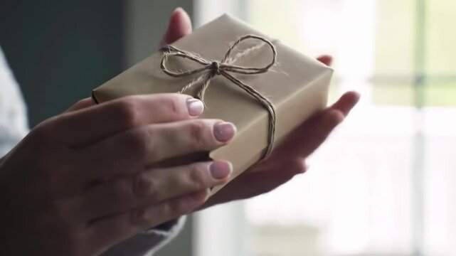 Hands holding a gift wrapped in eco friendly brown paper and natural twine, symbolizing sustainable choices, mindful consumption, zero waste lifestyle, thoughtful present giving and simple rustic