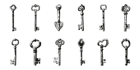 Vintage Skeleton Keys Silhouette Set. Antique Key Collection For Lock And Security Themes. Isolated Vector Illustration Collection