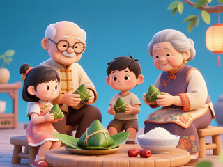 Grandparents make rice dumplings with their grandchildren during the Dragon Boat Festival