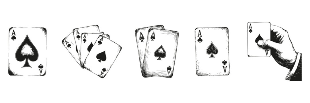 Playing Cards And Hand Silhouette Set. Vintage Poker And Gambling Theme Isolated Vector Illustration Collection