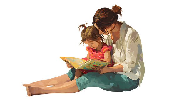 A mother reading a book to her child, realistic style, isolated with transparent background