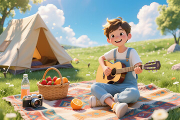 Boy playing piano in the forest outdoors in summer with picnic and camping tent