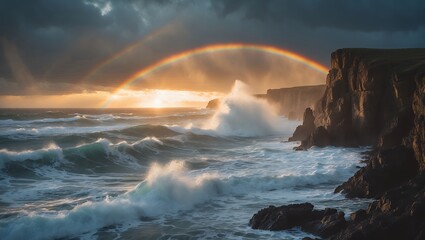 Ocean waves crash against cliffs under rainbow