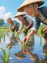 Farmer uncle is planting rice in the rice field