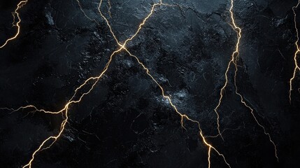 Dark Abstract Background: Golden Lightning Cracks on Black Stone Texture