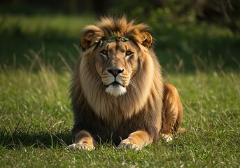 Obraz premium A majestic lion rests in the grass with a leafy crown adorning its head in a serene outdoor setting