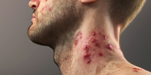 Naklejka premium Close-up of a young man’s neck and jawline showing inflamed red skin with multiple acne-like lesions, indicating a severe skin condition or rash