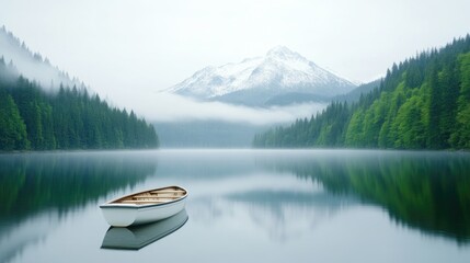 Fototapeta premium Rowboat on Mountain Lake Serene Minimalist Style High-Definition Still Water Landscape Solitary Reflection Peaceful Foggy Mountains Cool Blue Hues Travel Advertisement