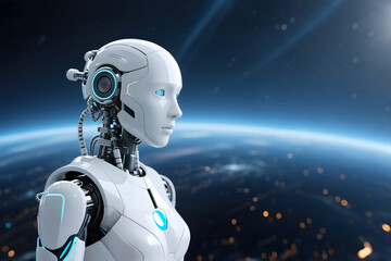 Artificial intelligence robot standing in front of the cosmic planet