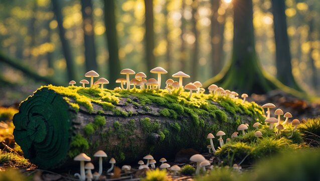 Mushrooms Growing on Log in Forest