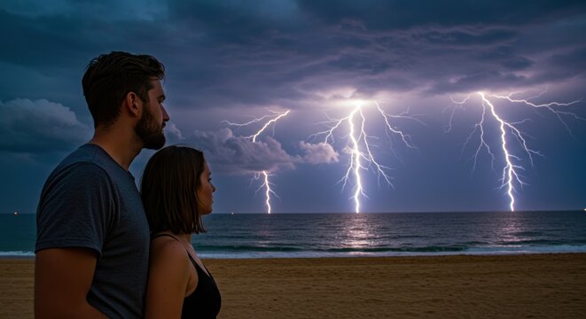 Couple Watching Lightning over Ocean - Photo - Powered by Adobe