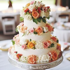 Layered Desserts. Floral Cakes.Colorful Desserts with Bright Accents. Wedding cake decorated with flowers. Wedding cake with roses.