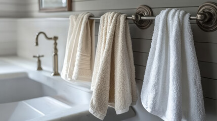 Assorted clean kitchen towels hanging neatly on a rack near a sink