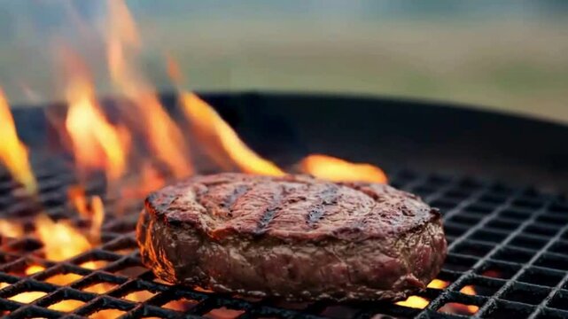 Cena de uma churrasqueira com uma peda&ccedil;o de carne sobre uma grelha assando em meio ao fogo e resqu&iacute;cios de fuma&ccedil;a